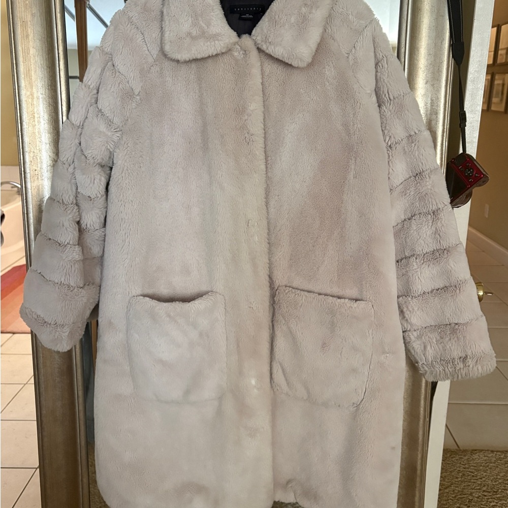 Sanctuary brand off white cream reversible Faux Fur midi length Coat